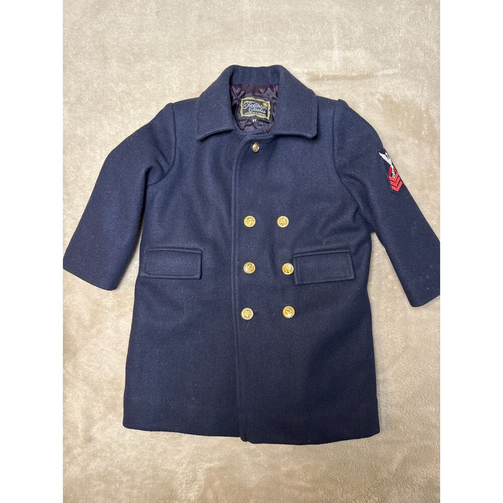Vintage Fieldston Clothes Double-Breasted Navy Wool Pea Coat Military Buttons 3T